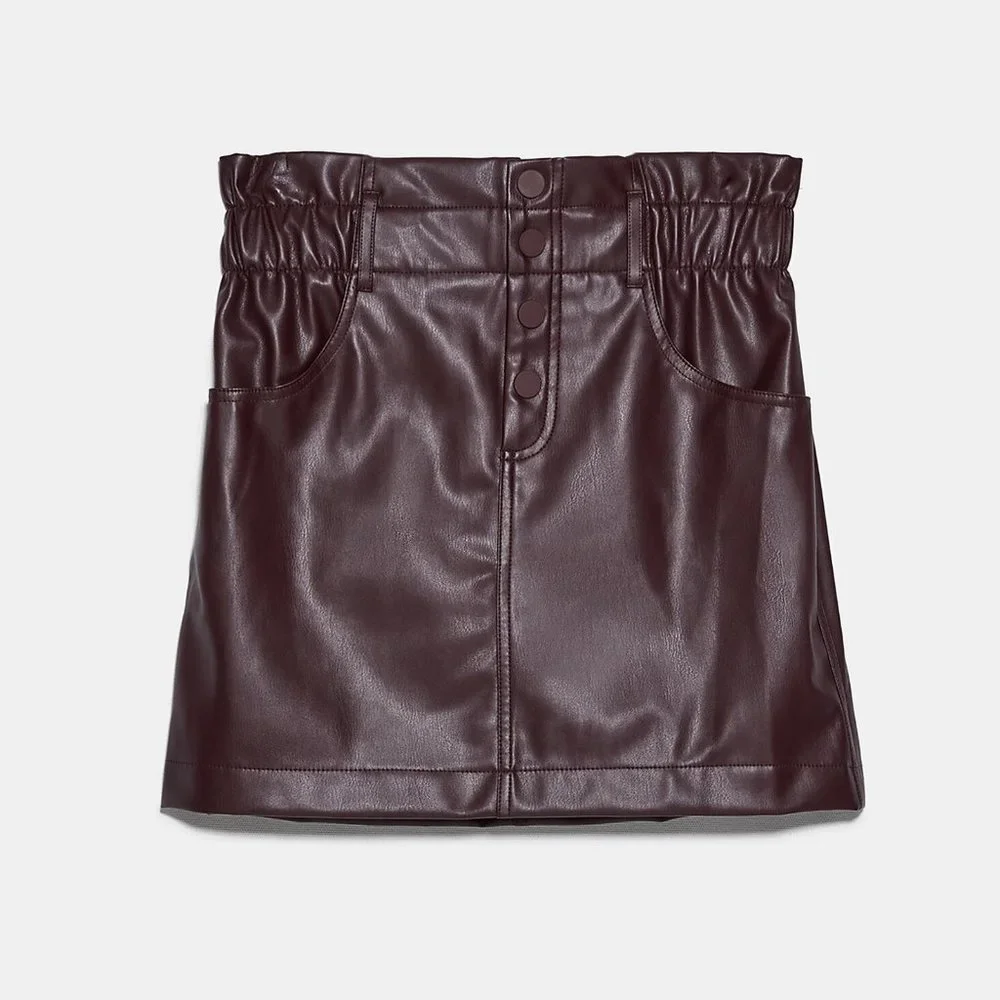 NEW Zara High Waist Paperbag Button Front Faux Leather Mini Skirt Burgundy Plum - Picture 9 of 9